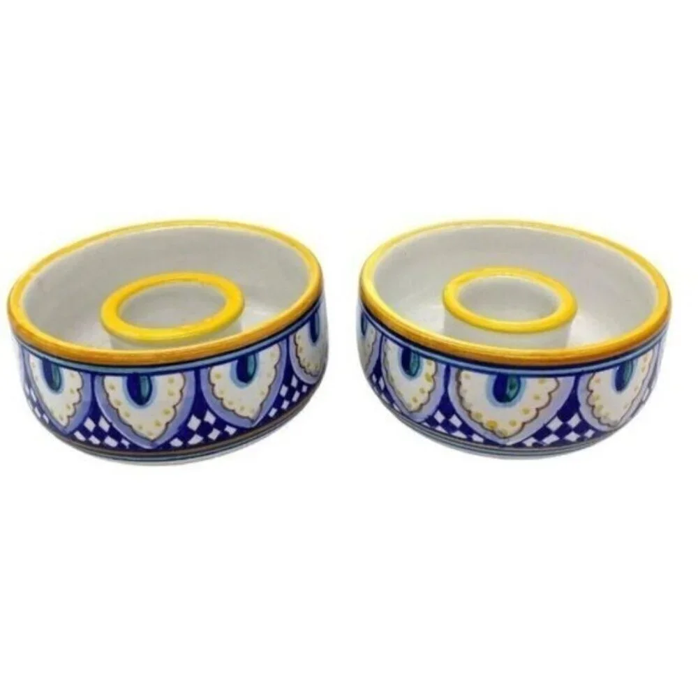 Deruta Italy Dip Amano Mano Franco Mari Artist Signed Candle Stick Holders